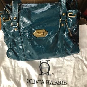 Olivia Harris teal patent leather turnlock satchel